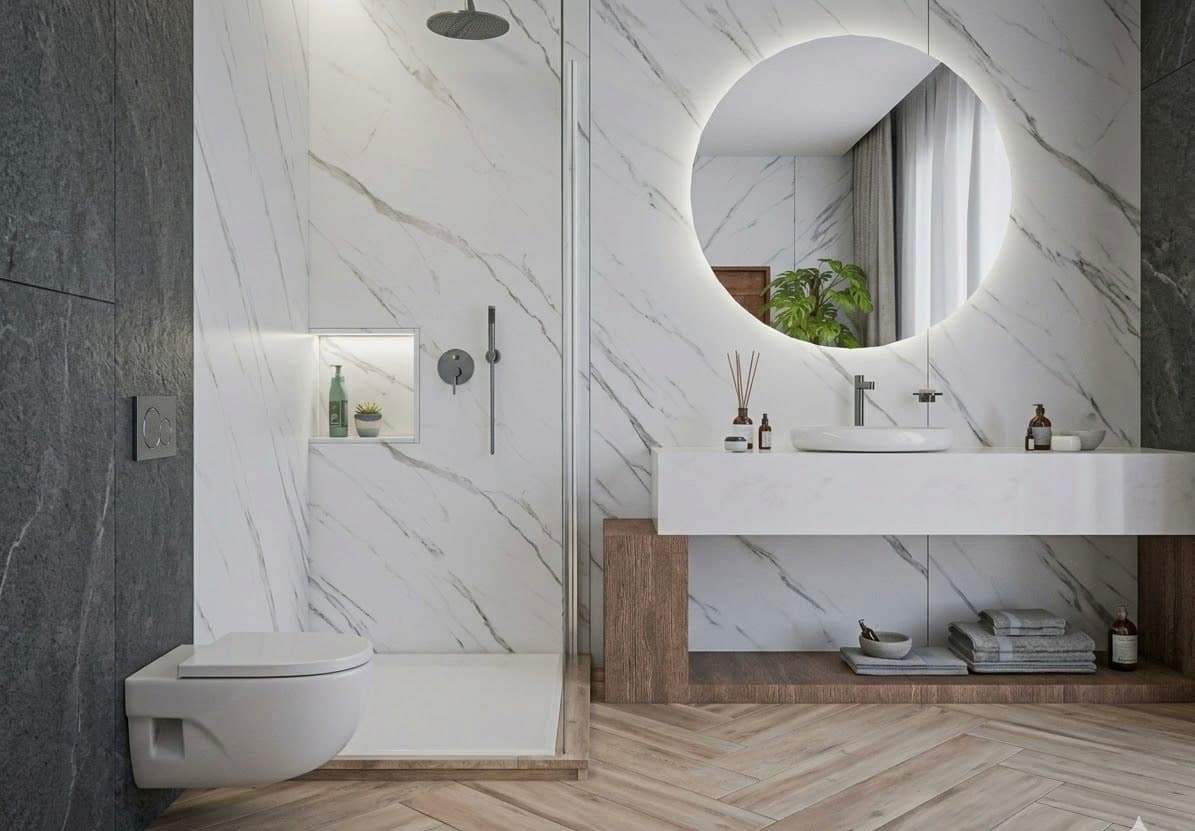 PVC panel v kúpeľni s mramorovým dekorom